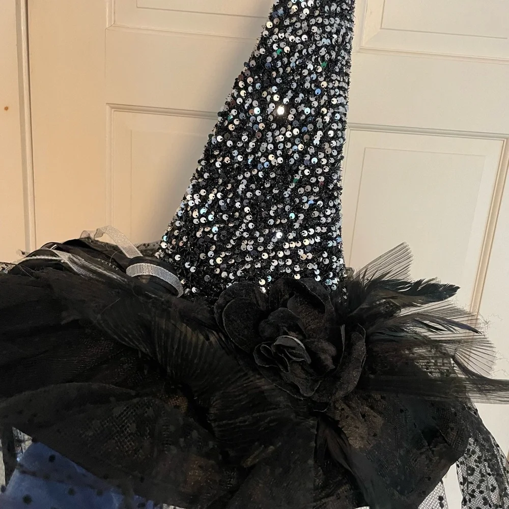Black and Silver Witch Hat with Sheer Polka Dot Ruffle